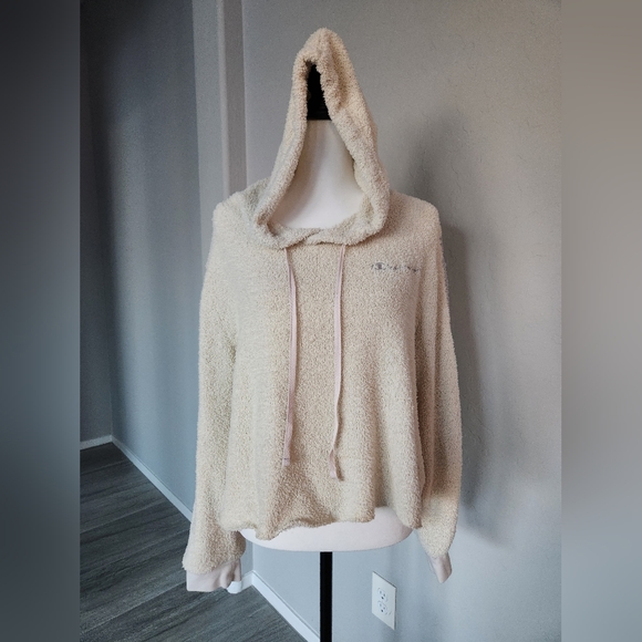 Champion Cream Teddy Fleece Semi Cropped Hoodie Sweater Long Sleeve Stripe Sz XL - Picture 12 of 12